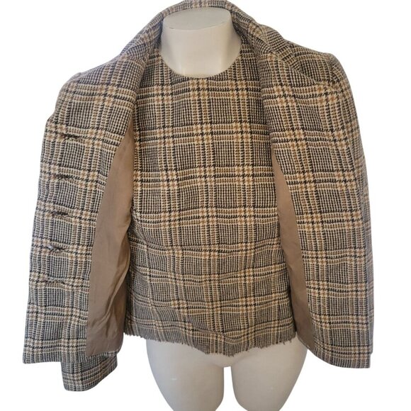 Vintage Plaid Wool Two-Piece Jacket Sleeveless Top Brown/Beige Checkered Women S - Picture 2 of 10
